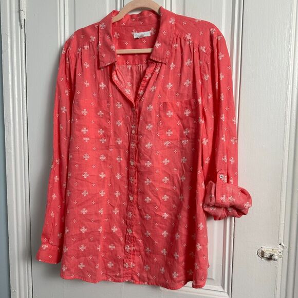 Charter Club Shirt Womens XXL Pink Geometric Button Up Roll Tab Linen Beachy - Picture 1 of 5